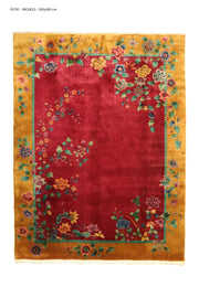 Antique Chinese Art Deco rug, 138x102 inches, handwoven wool in rich yellow and magenta hues, featuring intricate Art Deco patterns.